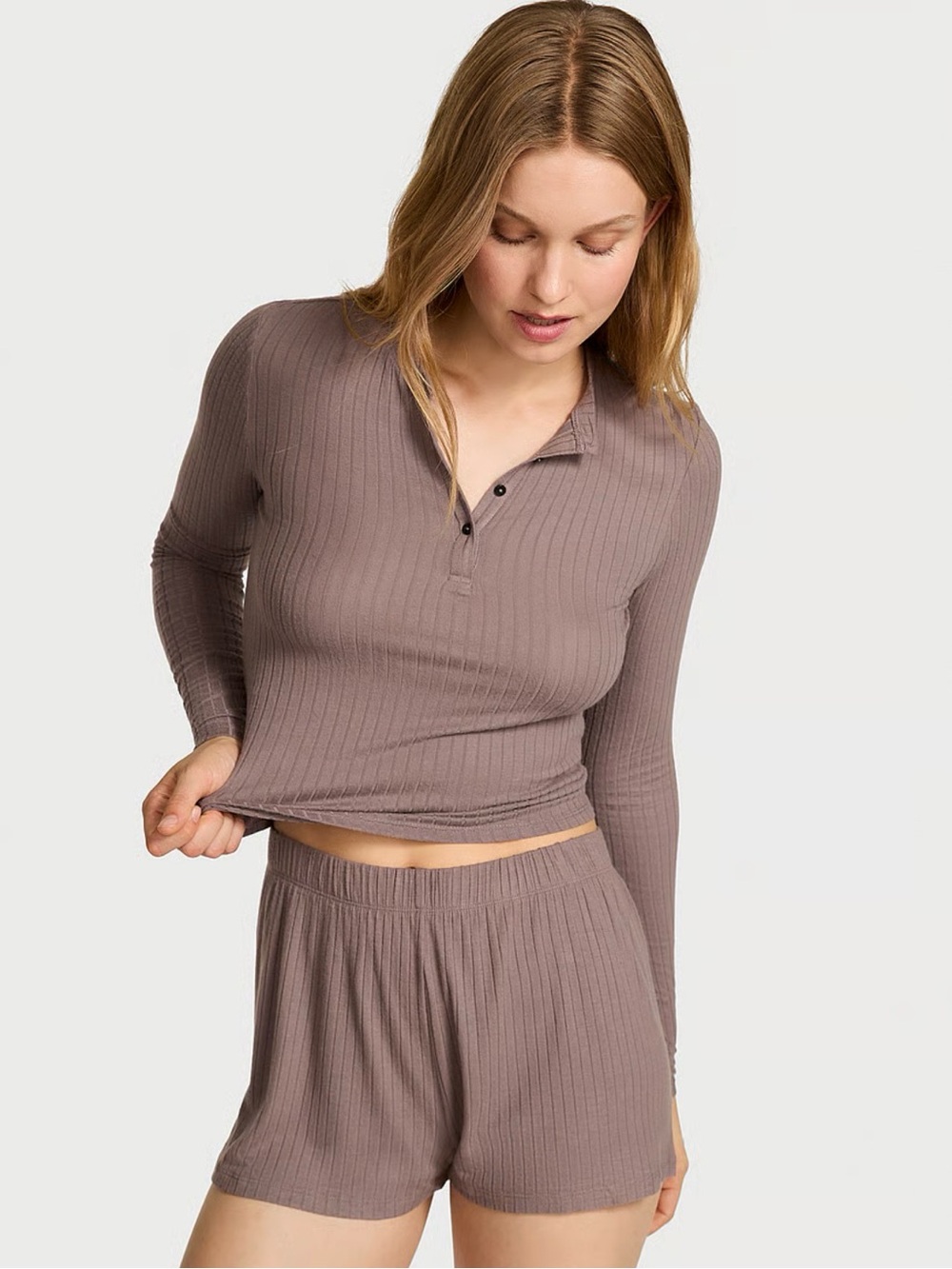 Victoria's Secret Ribbed Long Sleeve Henley Romper in Mauve Brown